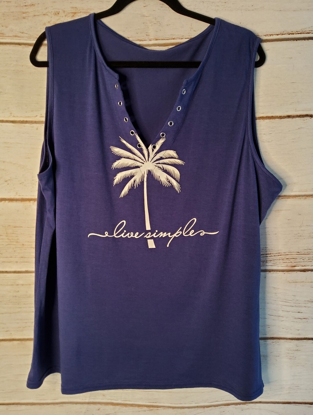 Live Simple Blue Tank Top with Palm Tree Design